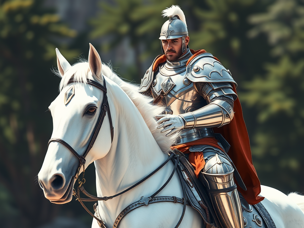 a man wearing metal armor while reading a white horse