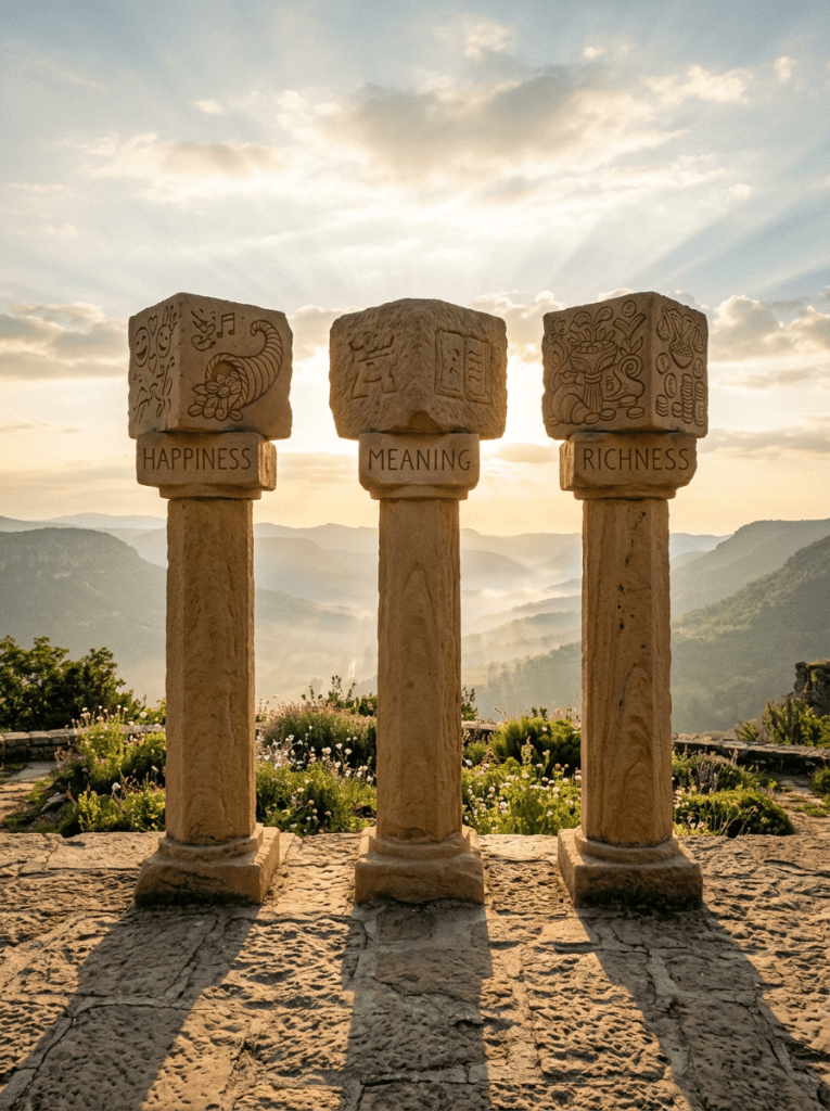 Three stone pillars labeled Happiness, Meaning, and Richness with symbolic carvings