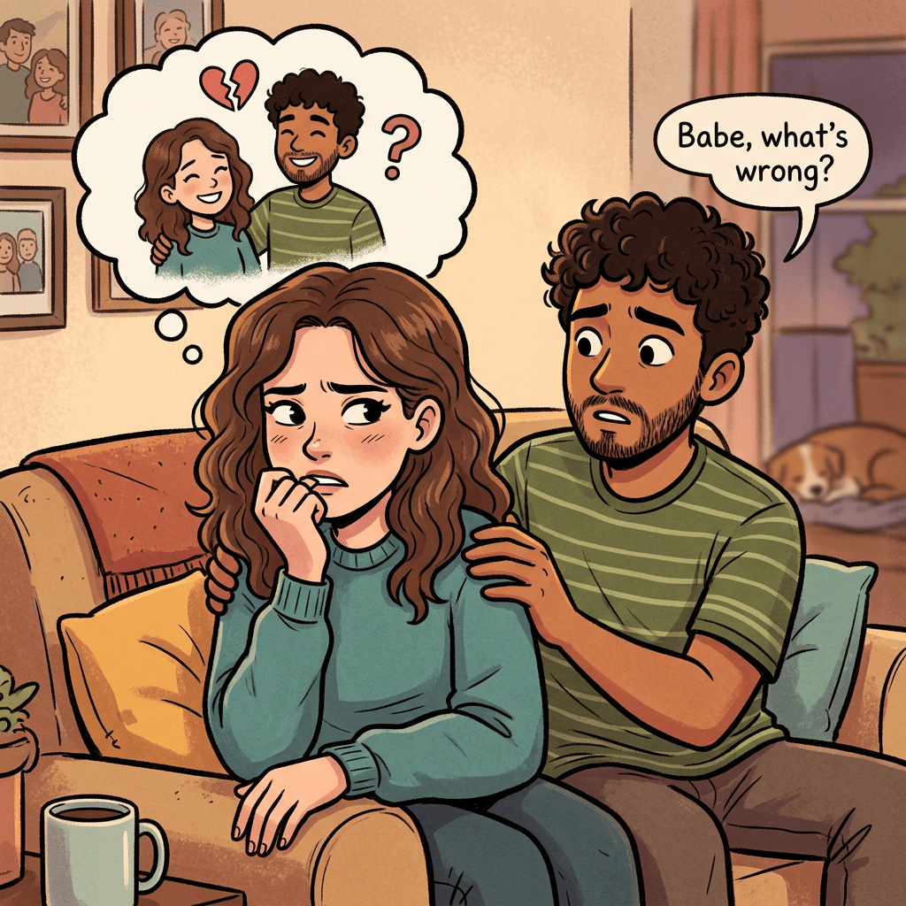 Worried woman sits beside concerned partner with a heartbreak thought bubble